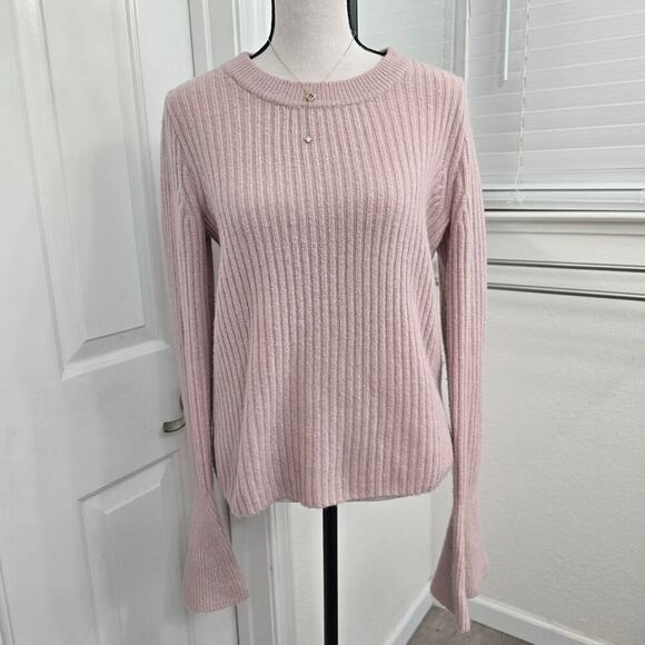 Madewell Pale Pink Wool Blend Ribbed Sweater Sz S Crew Neck Soft Flared Sleeves - Picture 1 of 8